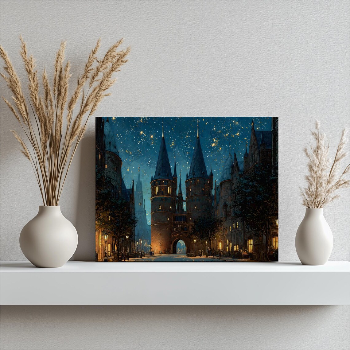 Gothic Medieval City Starry Night Sky Castle Towers Painting Art Print