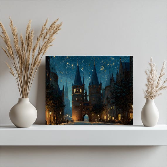 Gothic Medieval Canvas Wall Art Starry Sky Painting Castle Gatehouse Cobblestone Street Architecture Fantasy Cityscape