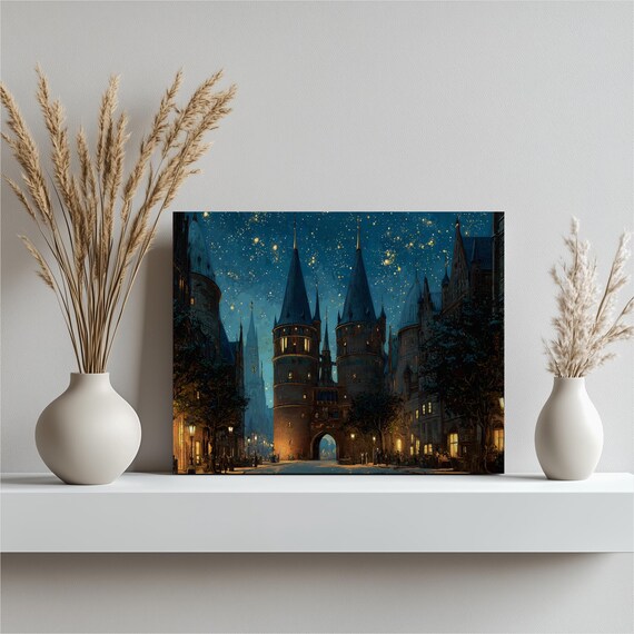 Gothic Medieval City Starry Night Sky Castle Towers Painting Art Print