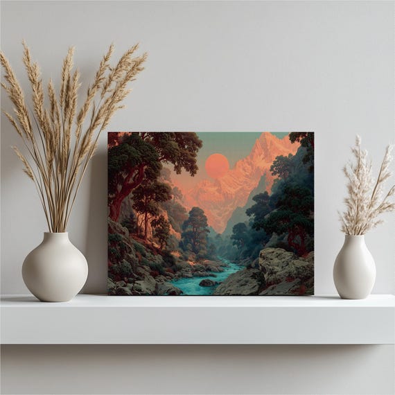 Colorful Mountain Stream Canvas Wall Art Surreal River Valley Sunset Sun Over Pink Peaks Contemporary Nature Landscape Print Gift