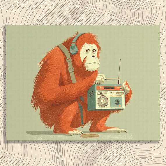 Retro Orangutan Canvas Wall Art Vintage Boombox Headphones Illustration Mid Century Modern Wildlife Decor Jungle Vibe Gift For Music Fans