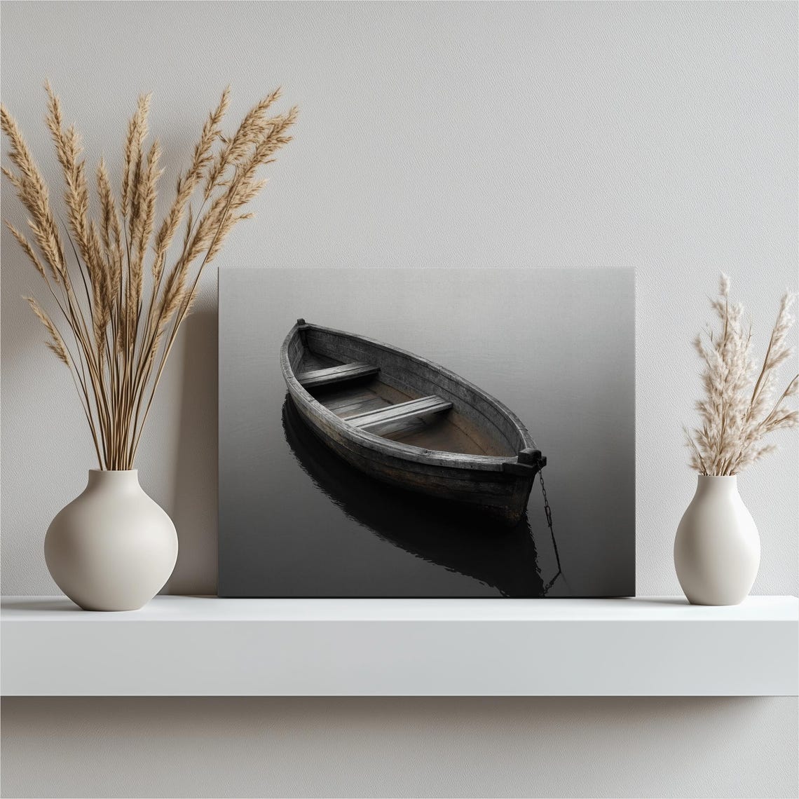 Wooden Rowboat Still Water Minimalist Black and White Nature Poster
