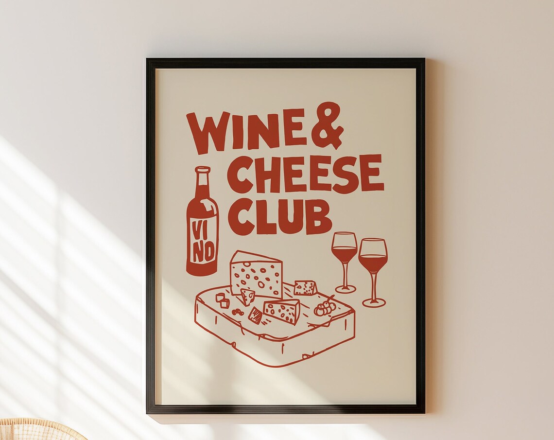 Wine Cheese Club Red Retro Kitchen Illustration Cream Vintage Bar Poster