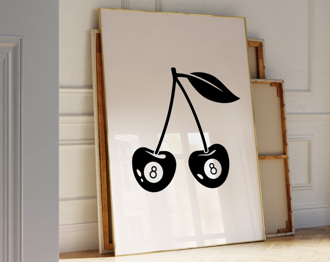 Retro 8 Ball Cherries Art Print, Funky Bar Decor