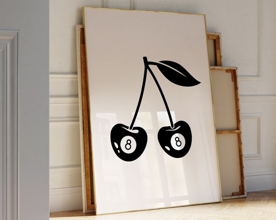 Retro 8 Ball Cherries Art Print, Funky Bar Decor