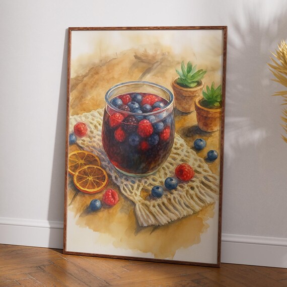 Berry Sangria Watercolor Kitchen Still Life Refreshing Drink Poster