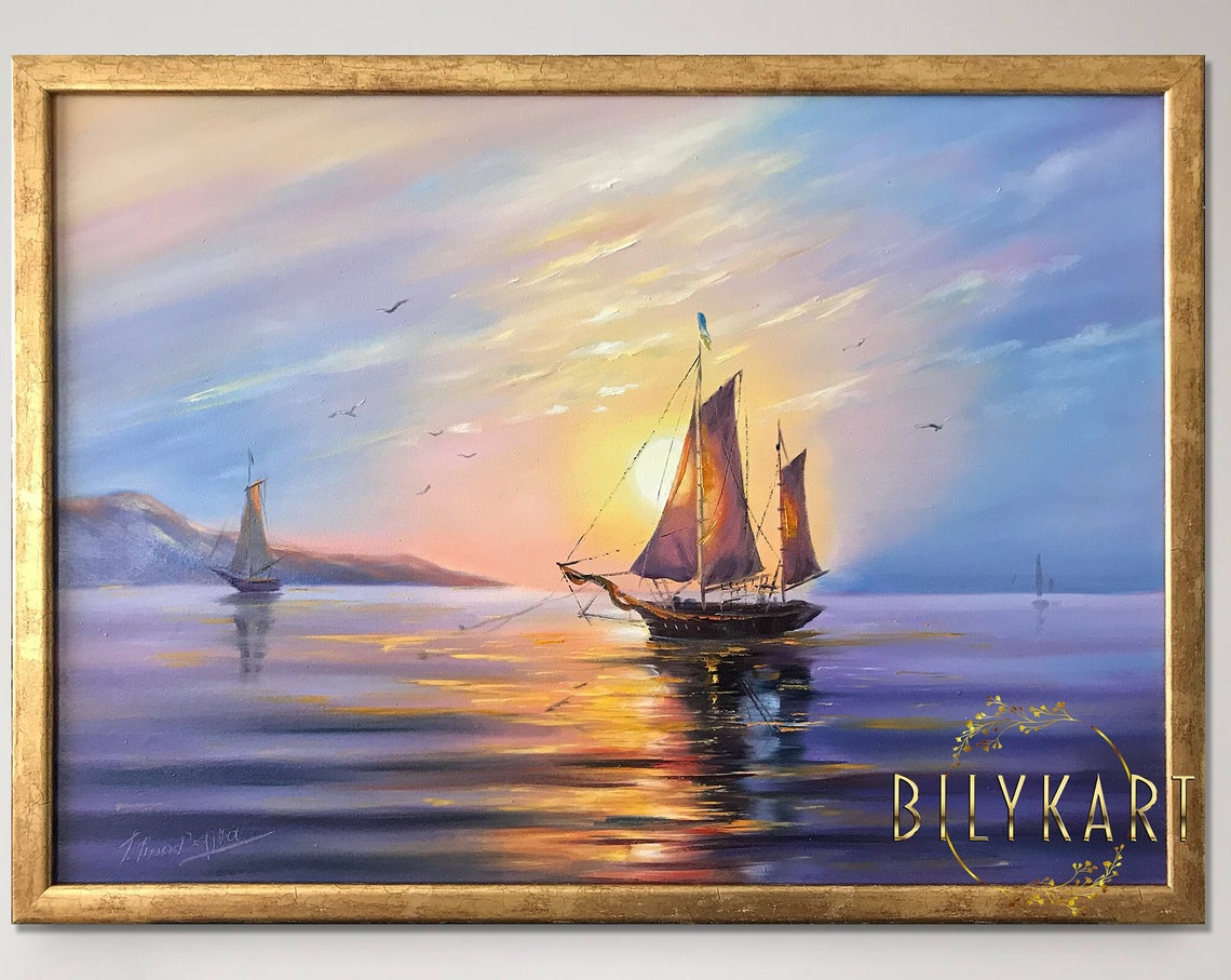 Sail Boat Oil Painting Original Sunset Painting Sea Boat Art Decor Harbor Painting Framed Ship Wall Art Large Boat Yacht Oil Painting