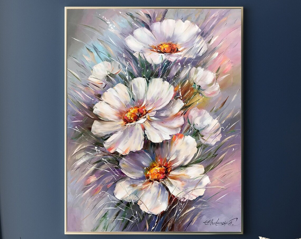 White Daisies Abstract Floral Oil Painting Art Print
