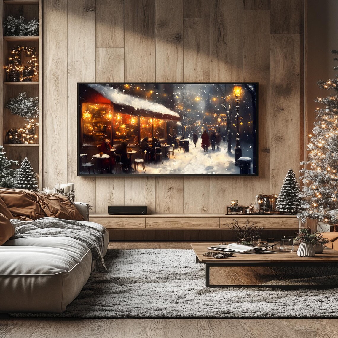 Cozy Cafe in Winters Embrace Snowy Night Street Warm Lights Frame TV Poster - Image 2