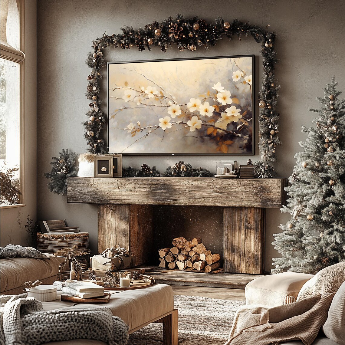 White Winter Blossoms Delicate Floral Branches Painting Frame TV Poster - Image 4