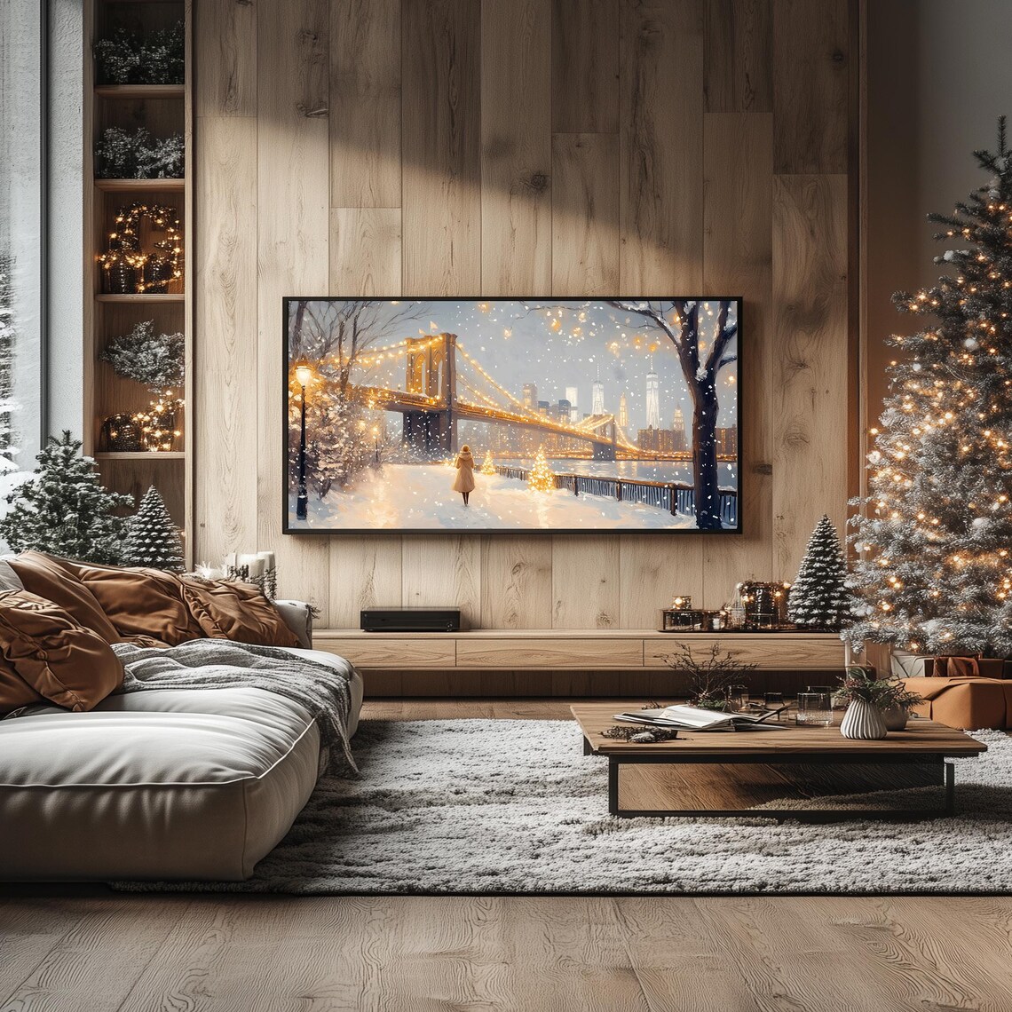 Snowy New York City Brooklyn Bridge at Night Frame TV Poster - Image 5