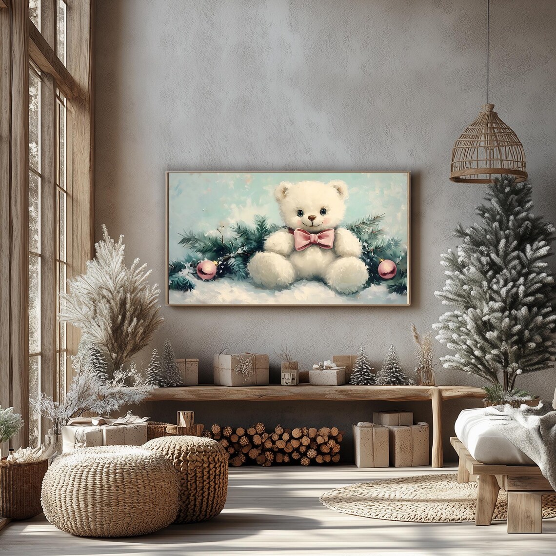 Cute White Teddy Bear with Pink Bow in the Snow Holiday Poster - Image 3