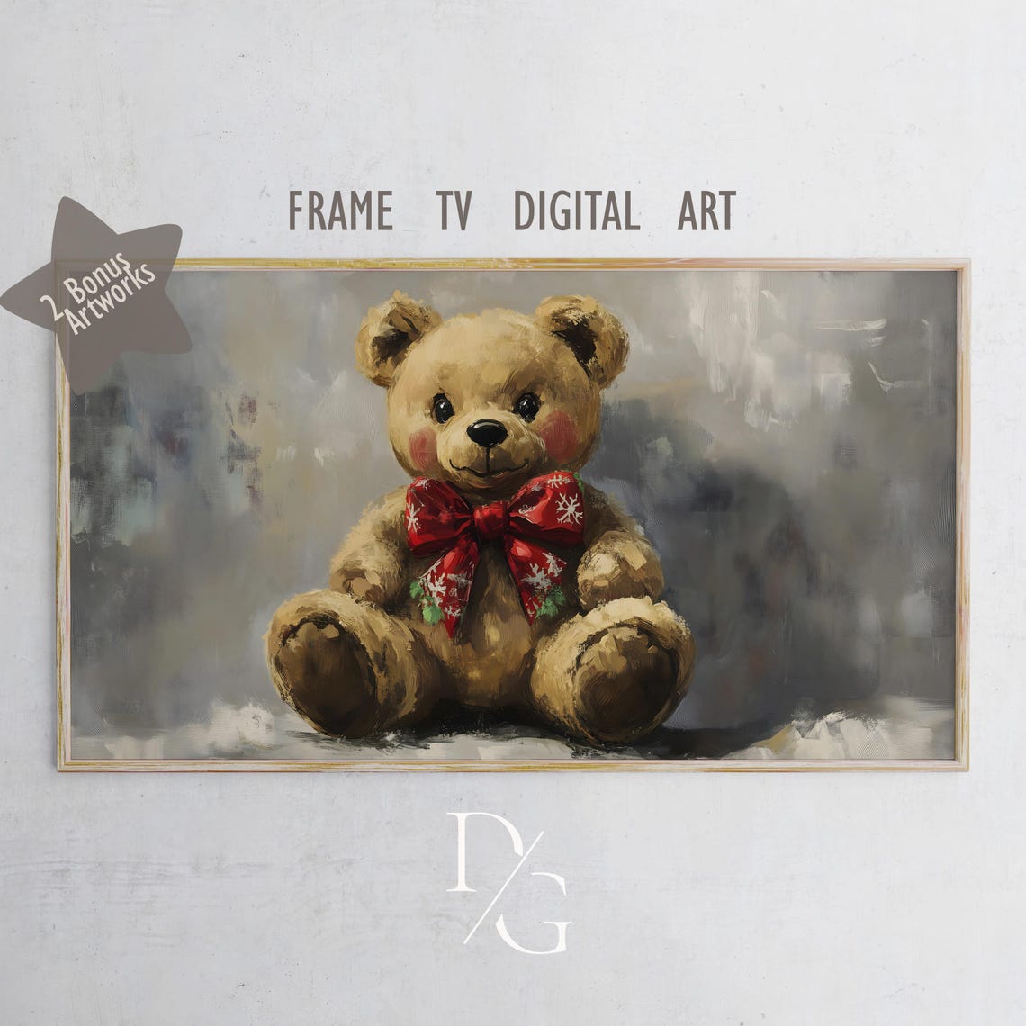 Festive Teddy Bear With Red Bow Snowy Winter Portrait Frame TV Poster - Image 5