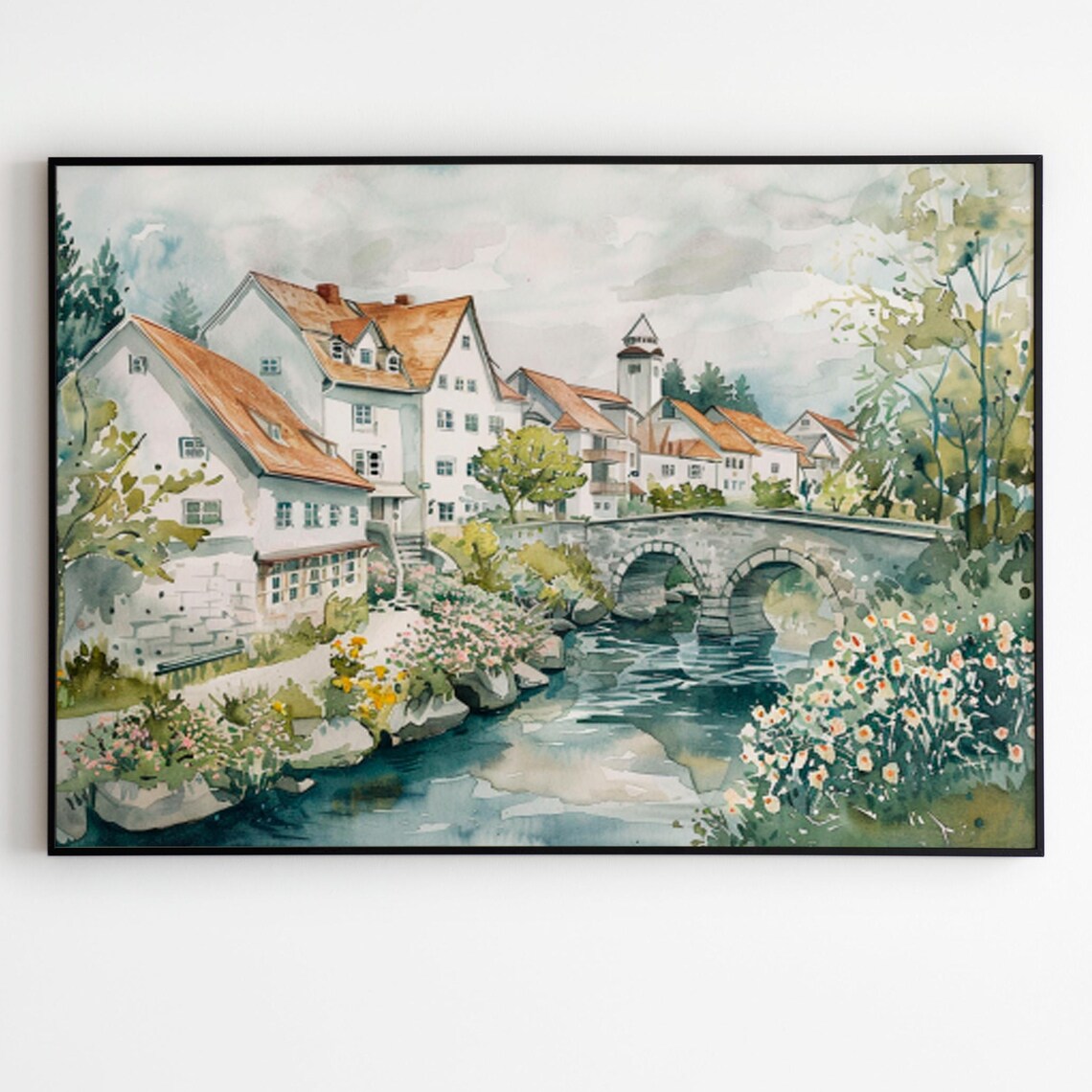 Old European Town with Double-Arched Stone Bridge Watercolor Poster