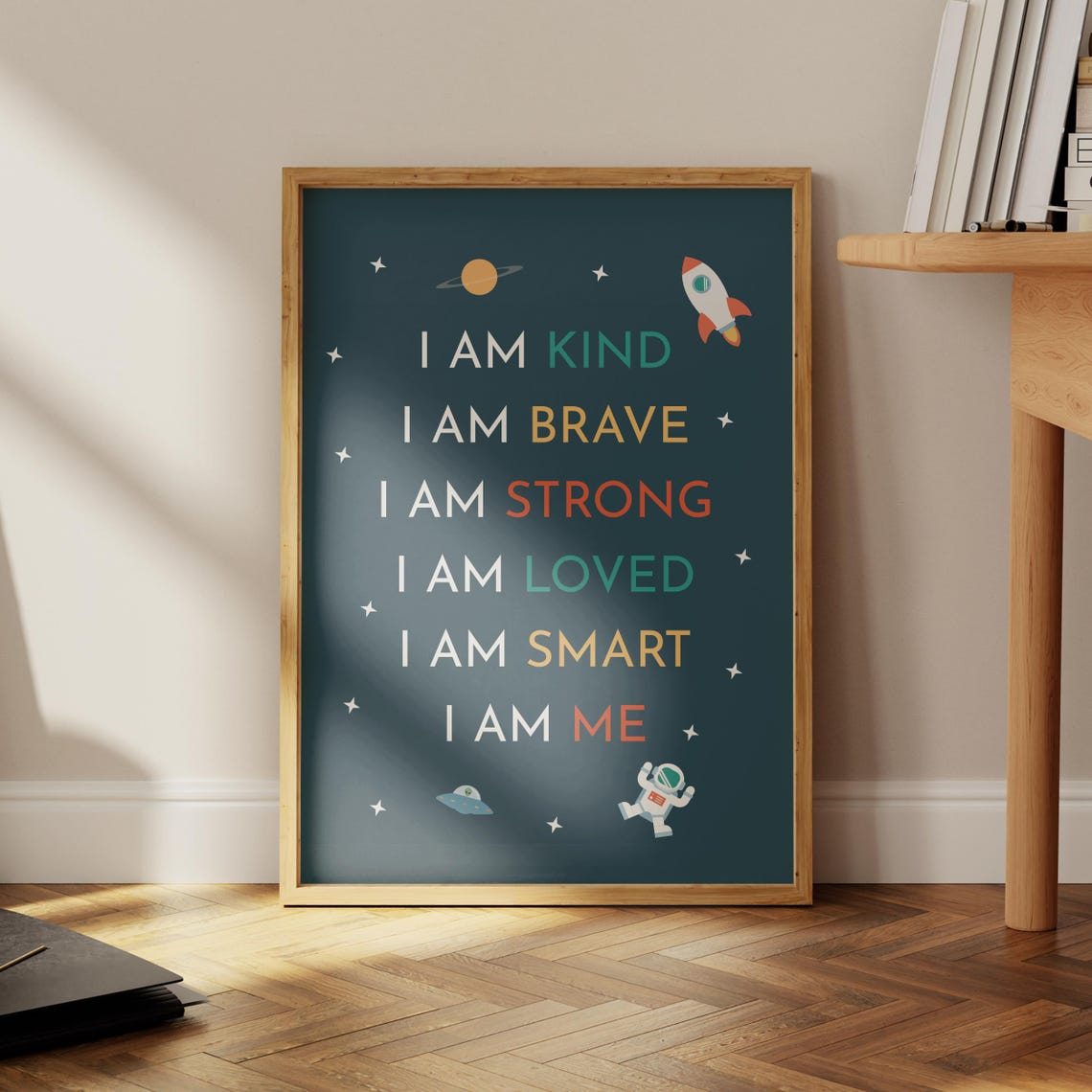 I Am Kind Brave Strong Loved Smart Me Space Affirmation Kids Poster - Image 4