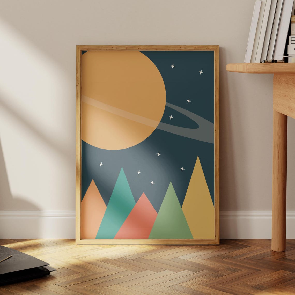 Space Mountains Starry Teal Night Sky Colorful Nursery Room Wall Art