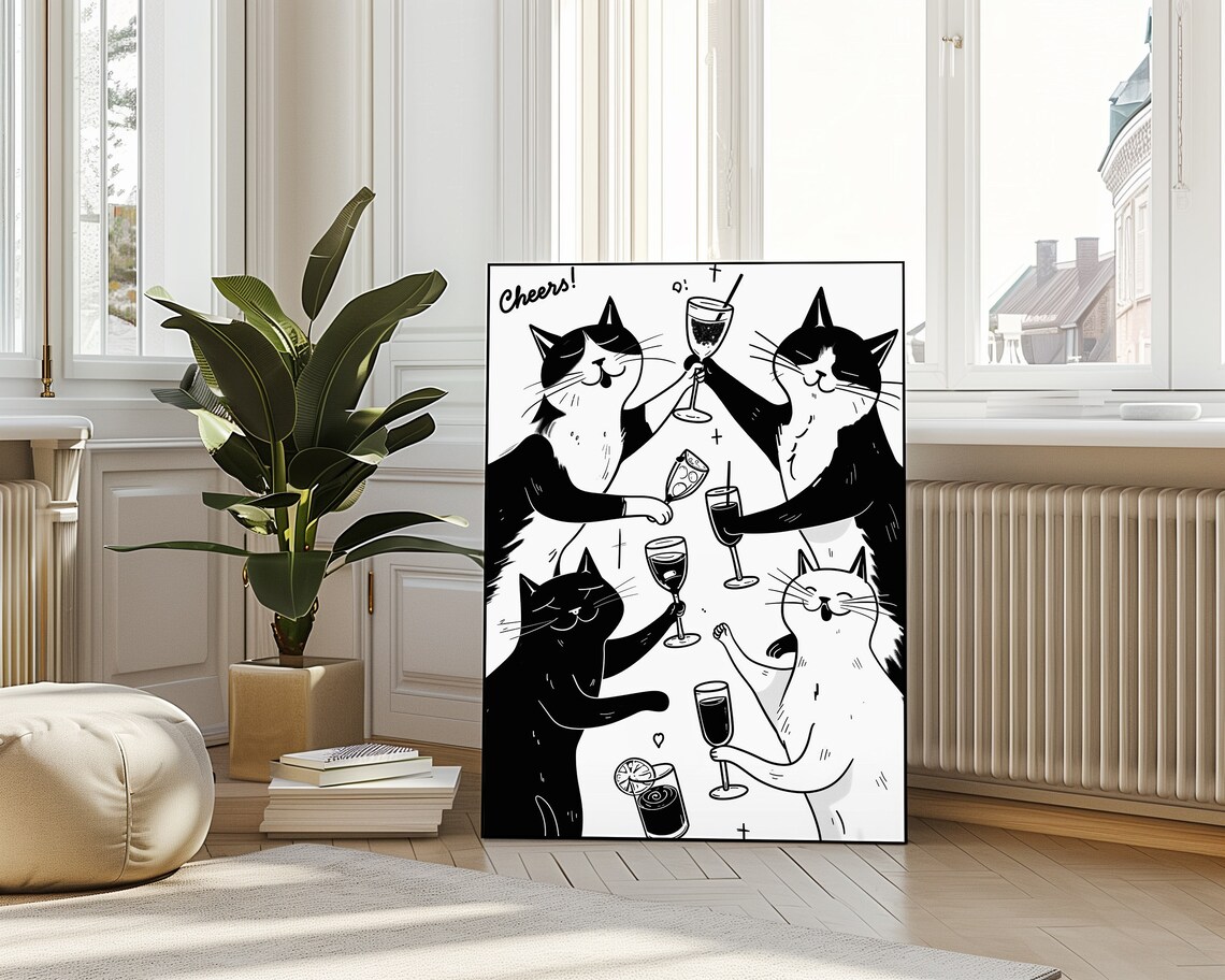 Cheers Cats Celebration Five Cats Cocktail Toast Quote Poster - Image 4