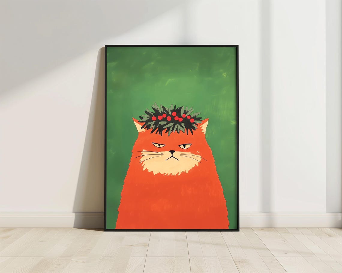 Grumpy Ginger Cat Berry Wreath Hat Funny Green Christmas Feline Poster