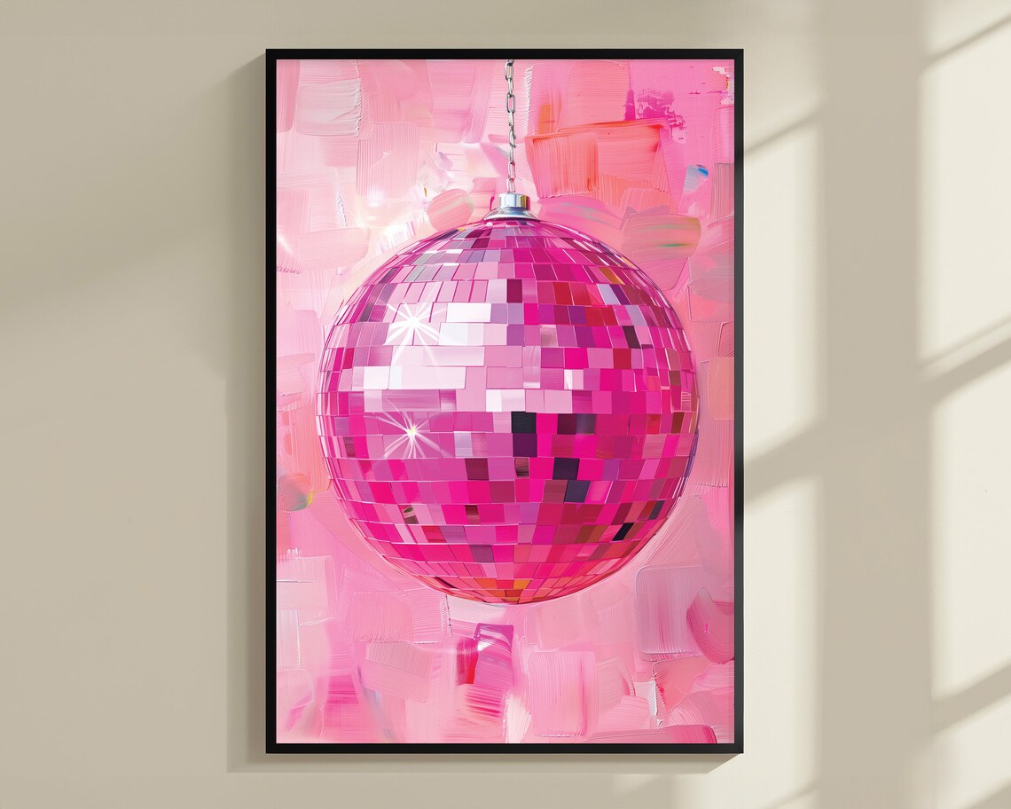 Pink Disco Ball Poster, Vivid Oil Painting - Image 2