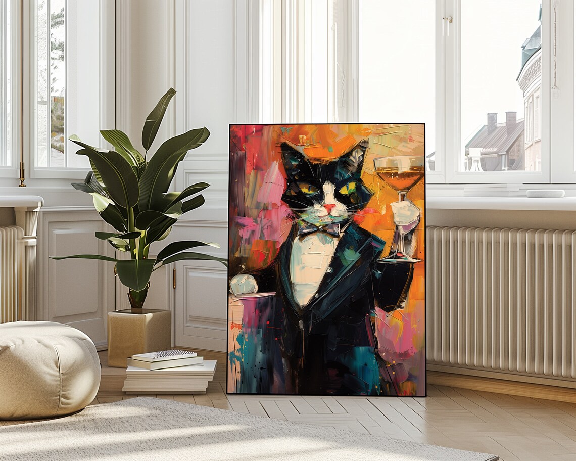 Tuxedo Cat Cheers Portrait Print Cat Cheers Print Cat Cheers Cocktail Print Cat Wall Decor Wall Art Cat Funny Poster Vivid Oil Painting - Image 4