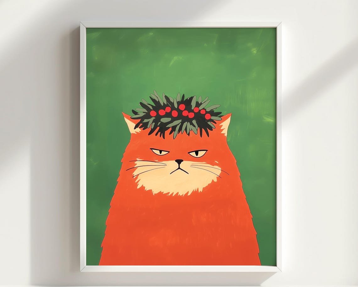 Ginger Cat With Christmas Wreath Cat Poster Print Christmas Print Xmas Poster Funny Animal Print Vivid Oil Painting Orange Cat Art - Image 2