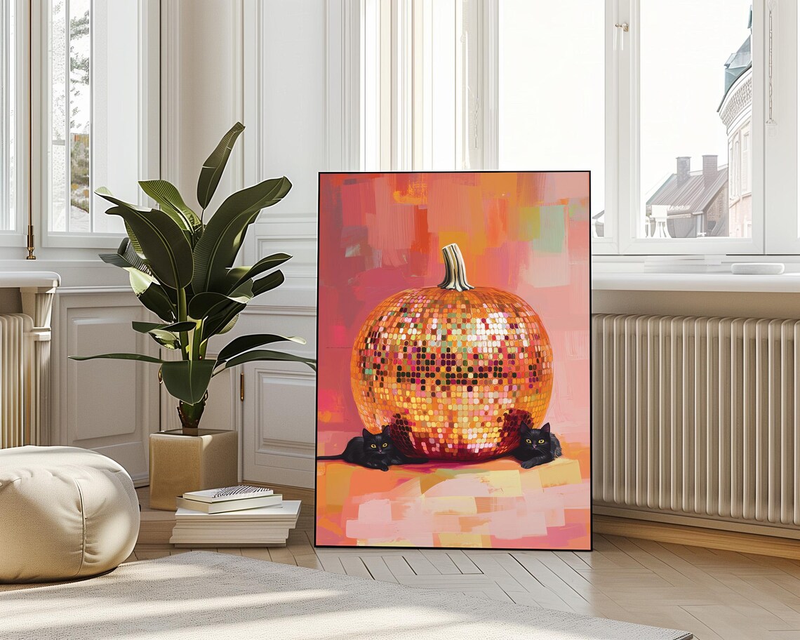 Gold Disco Ball Pumpkin Black Cats Halloween Shimmer Warm Fall Poster - Image 3