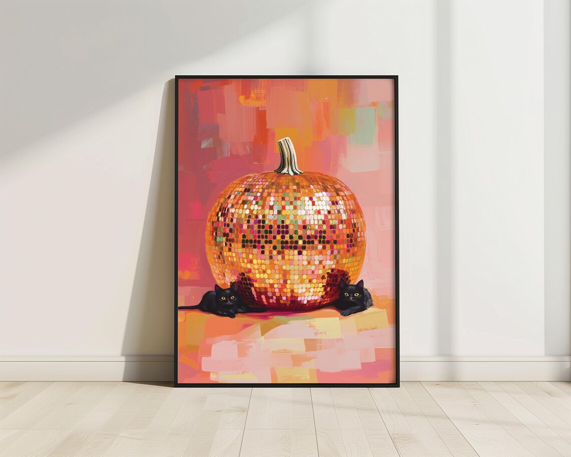 Gold Disco Ball Pumpkin Black Cats Halloween Shimmer Warm Fall Poster - Image 4