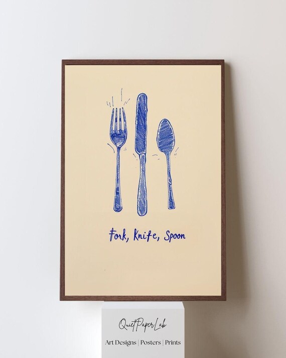 Utensils Sketch Print Minimal Blue Line Art Kitchen Wall Modern Cafe Decor Poster Unframed