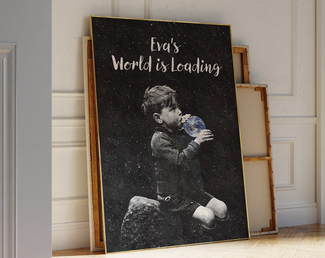 Elizabeth's World Is Loading Boy Blowing Globe Custom Name Art Poster - Image 3
