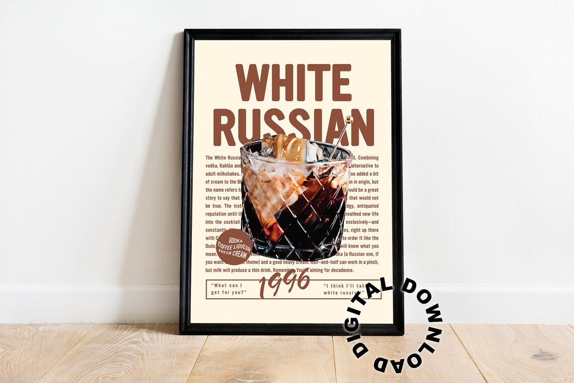 White Russian Cocktail Recipe Vintage Bar Cart Drink Poster 1996