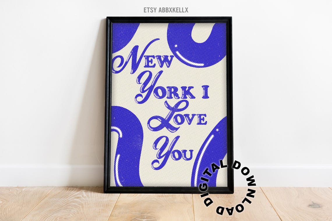 New York I Love You Bold Blue Retro Typography NYC Art Poster