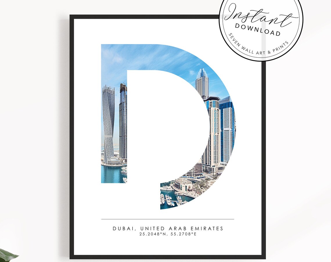 Dubai UAE Marina Skyline Letter D Coordinates Minimal Travel Poster