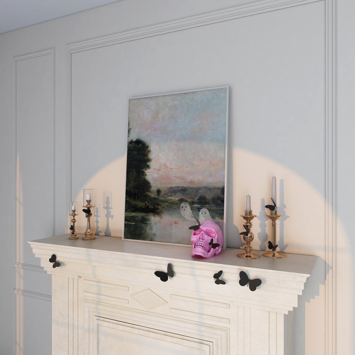 Altered Vintage Landscape Painting Cute Ghosts Added Art Poster - Image 5