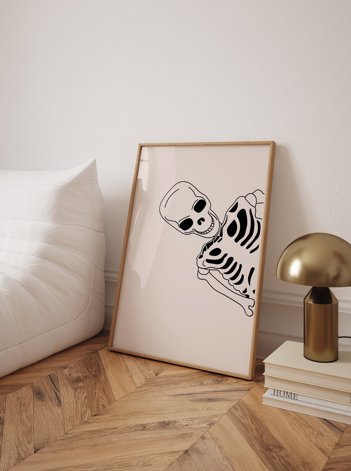 Minimalist Skeleton Line Drawing Black White Halloween Art Poster - Image 2