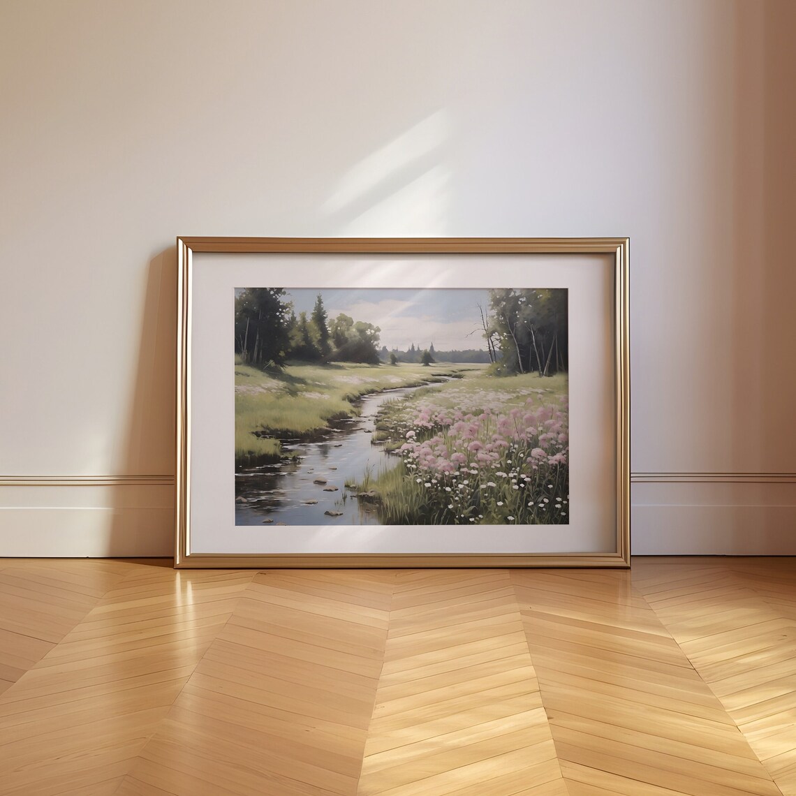 Countryside Stream Through Pink Wildflower Meadow Vintage Print - Image 2