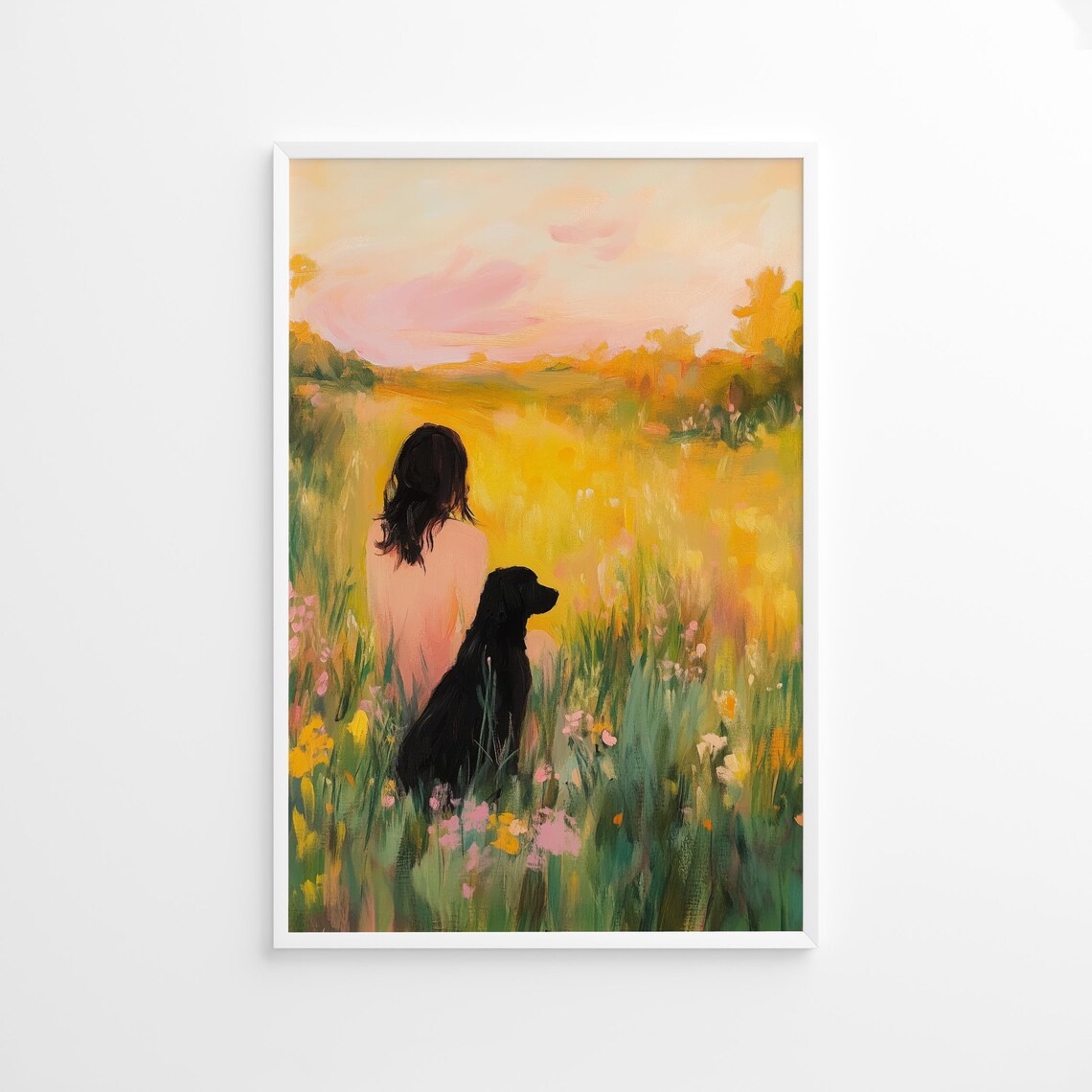 Girl and Black Dog in Sunset Meadow Pastel Pet Companion Poster