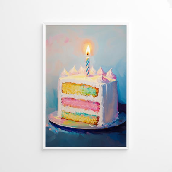 Birthday Cake Poster Pastel Celebration Wall Art Colorful Candle Dessert Print Fun Party Decor