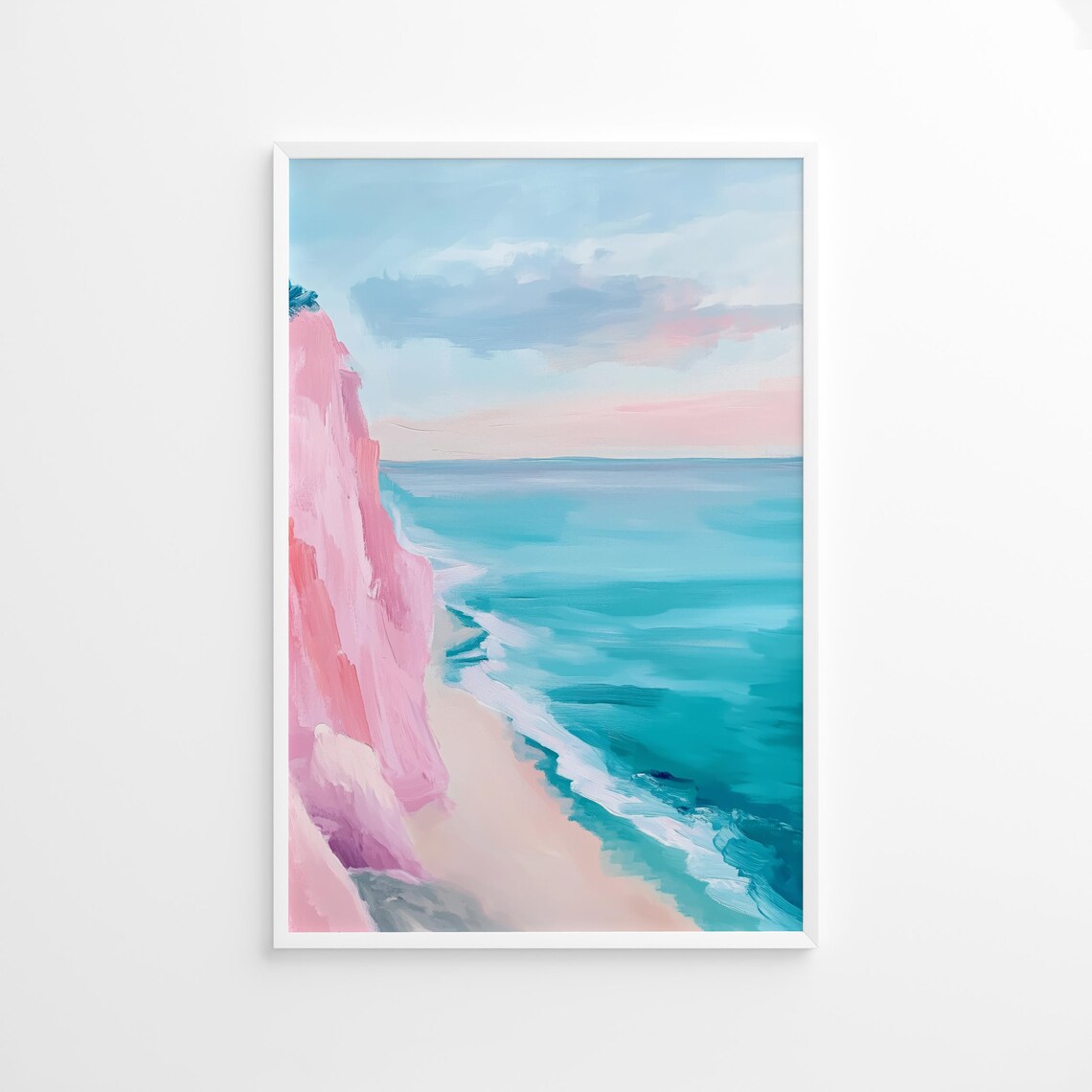Pink Cliffs Turquoise Ocean Coastal Pastel Seascape Art Poster