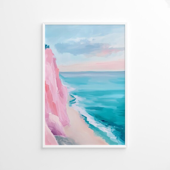 Pink Cliffs Turquoise Ocean Coastal Pastel Seascape Art Poster