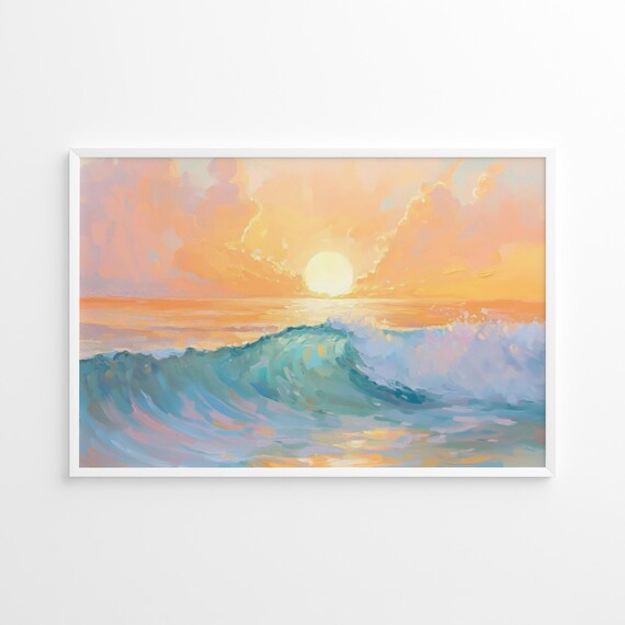 Sunset Ocean Wave Pastel Seascape Painting on Coastal Wall Art