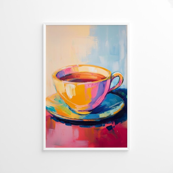 Colorful Coffee Cup Poster Abstract Tea Mug Wall Art Pastel Kitchen Decor Vibrant Cafe Artwork Bold Drink Illustration Print