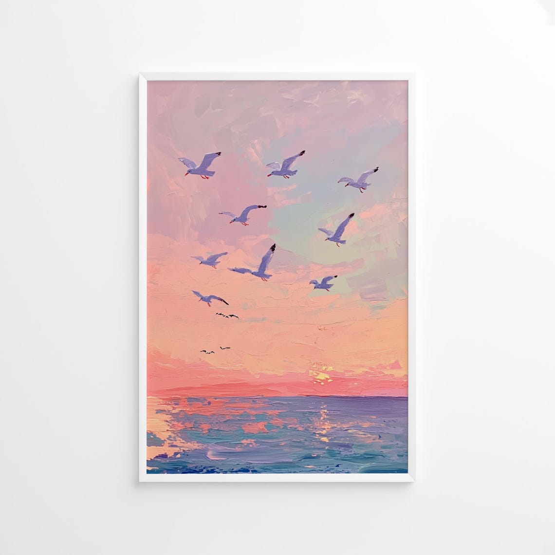 Seagulls Flying Over Pink Sunset Ocean Painted Seascape Art Poster