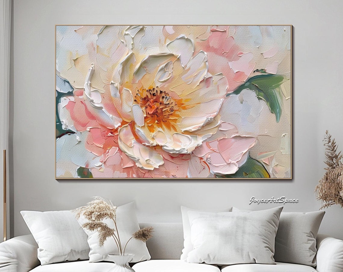 Pink Peony Blossom Close Up Soft Pastel 3D Impasto Floral Wall Art