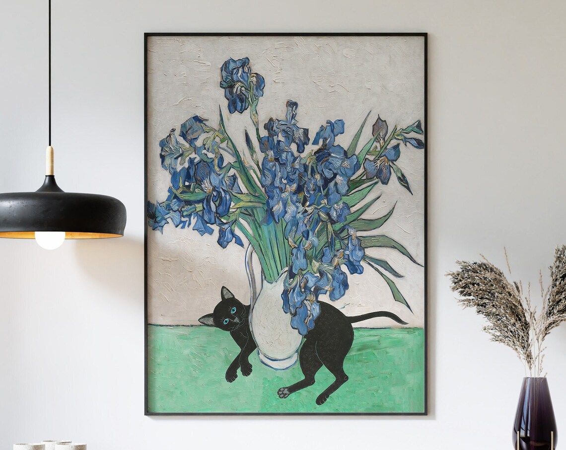 Curious Black Cat Beside Van Gogh Irises Vase Art Poster Gift - Image 3