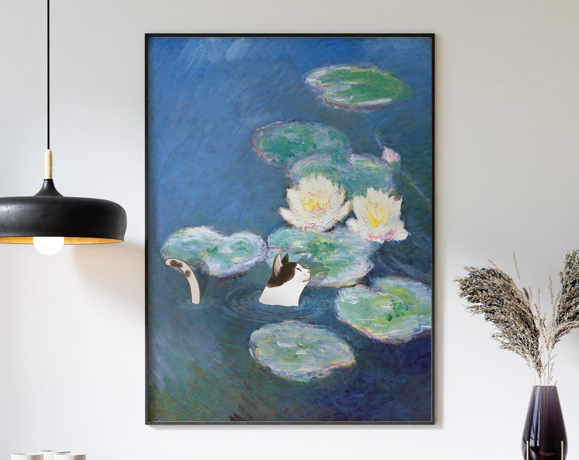 Swimming Cat Among Water Lilies Monet Style Whimsical Poster - Image 3