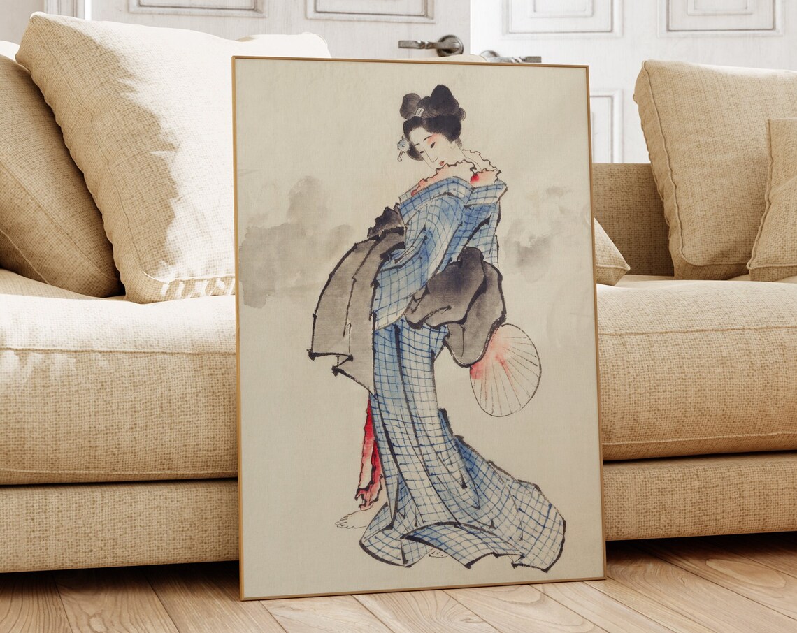 Elegant Japanese Geisha Blue Kimono Fan Ukiyo E Style Art Poster