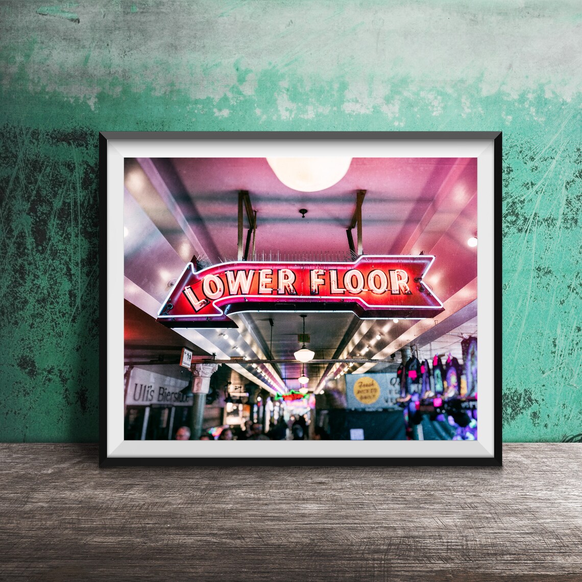 Lower Floor Red Neon Arrow Sign Busy Market Hall Photography Poster