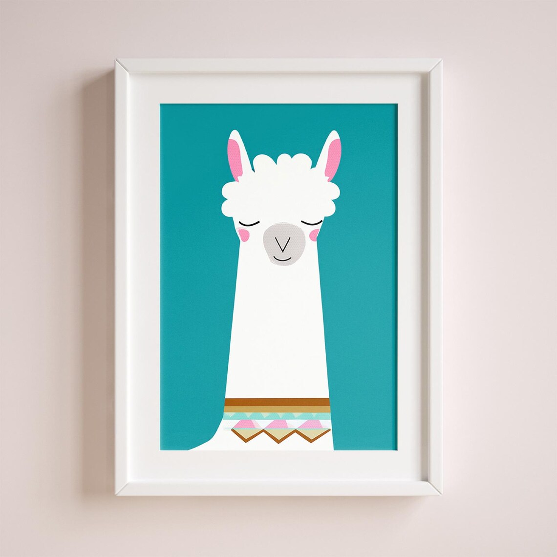 Cute Minimalist Llama Illustration Teal Kids Nursery Wall Art