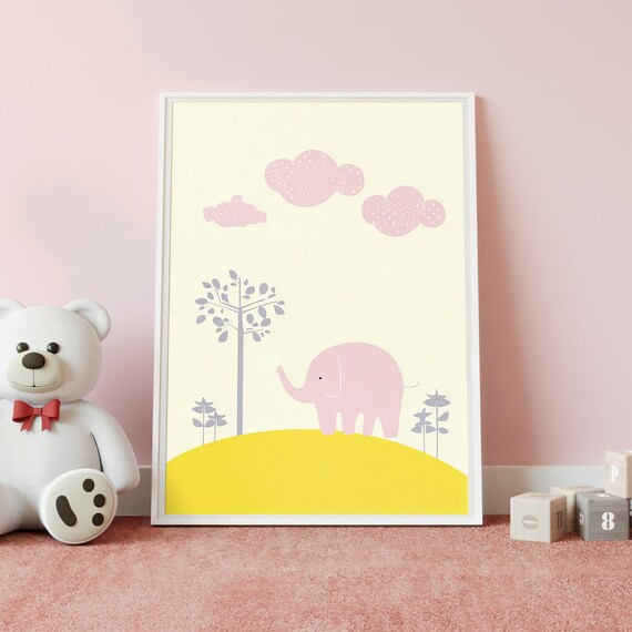 Pink Elephant On Sunny Yellow Hill Cute Baby Nursery Print Decor