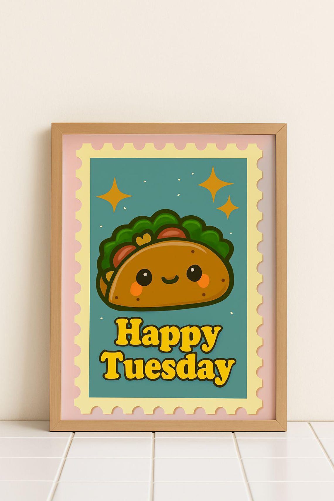 Happy Tuesday Cute Taco Kawaii Stamp Style Fun Kitchen Poster